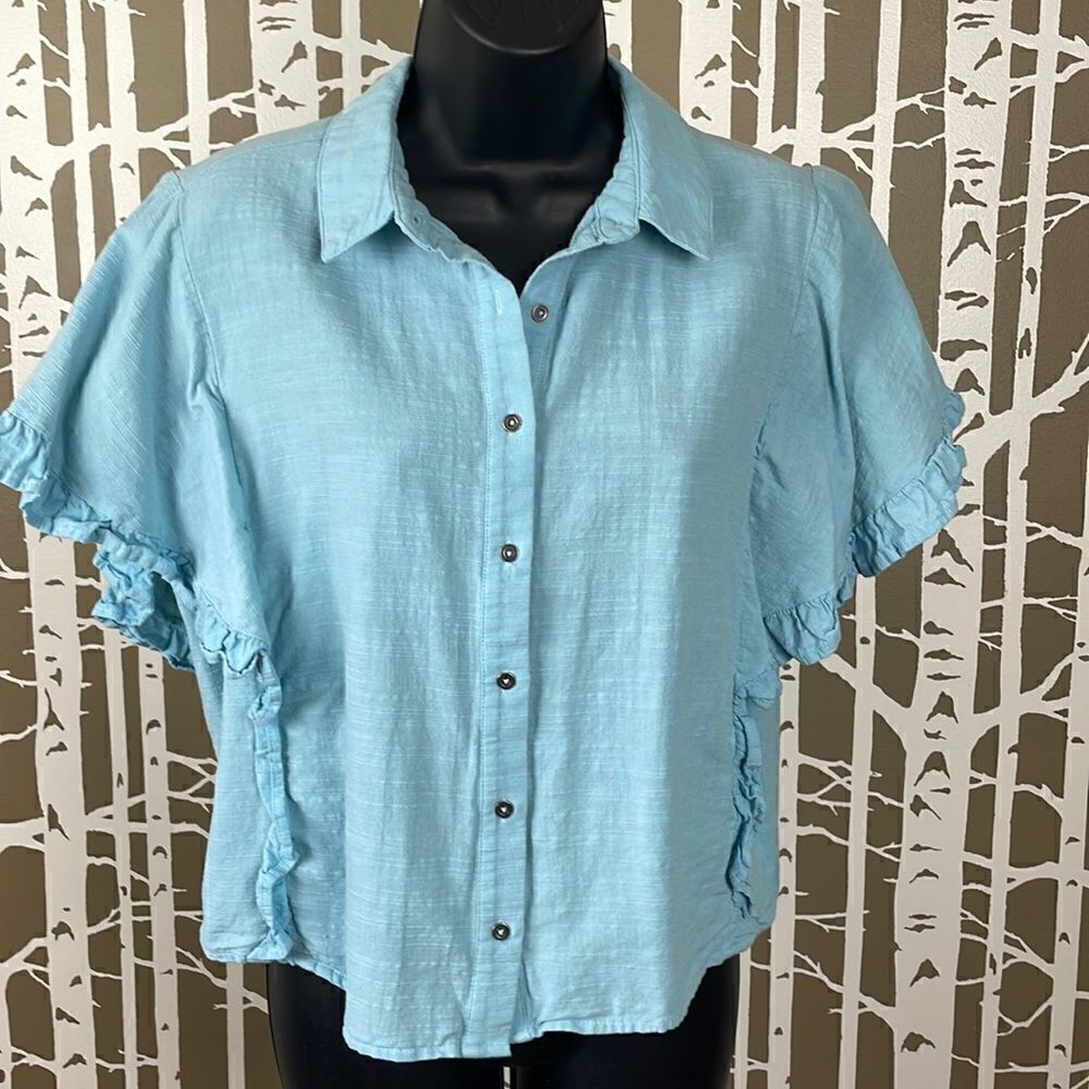 100% Cotton Button Front Flutter Sleeve Blouse sz S